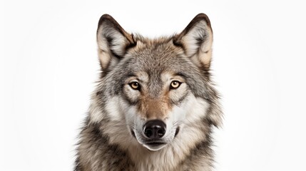 Obraz premium Majestic gray wolf isolated on a pristine white background, capturing the untamed beauty and predatory gaze of this solitary creature, ideal for conveying the essence of wildlife solitude