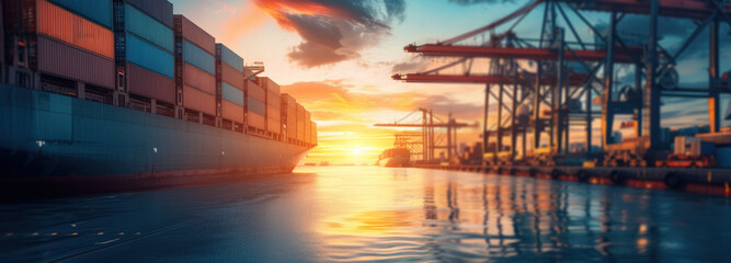 Large Cargo Ship in Harbor at Sunset - obrazy, fototapety, plakaty
