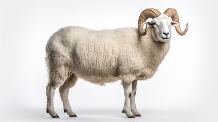 Fototapeta premium White ram isolated on a clean white background, showcasing the elegance of its horns and woolly coat, perfect for conveying the rural charm and agricultural beauty of farm life.