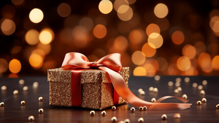 Gift box with gold and red ribbon, concept of Christmas holidays