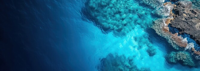 Fototapeta na wymiar Aerial View of Blue Ocean With Rocky Shoreline