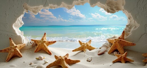 Fototapeta na wymiar Group of Starfishes on Sandy Beach