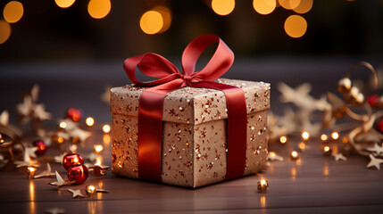 Gift box with gold and red ribbon, concept of Christmas holidays