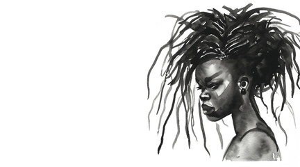 Black Woman with Dreadlocks Black White Ink Illustration
