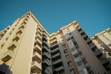 A spanish urban apartment block at a low angle corner