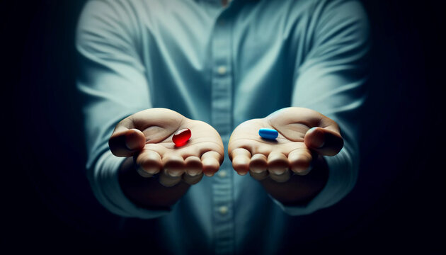 Pair of hands holding out a red and blue pill represents choice and decision wallpaper background