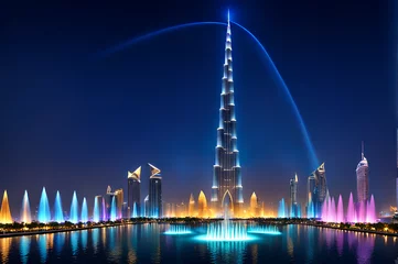 Photo sur Plexiglas Imaginary night view of Burj Khalifa with Ambient light rays with colourful fountains