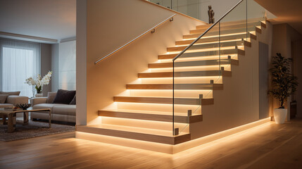 A stylish light birch staircase with frameless glass balustrades, LED lighting beneath the handrails creating a cozy ambiance in a fashionable home.