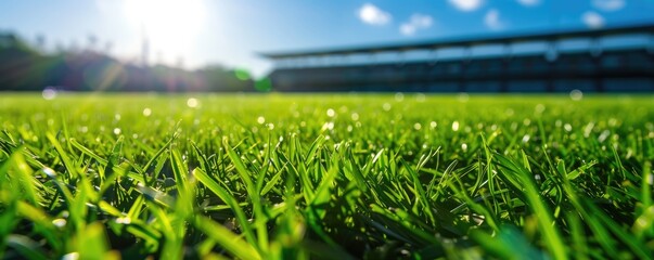 Low angle view on a green grass stadium field