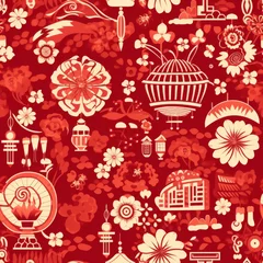 Fototapeten Red and White Pattern With Flowers and Birds in a Garden © Sky51