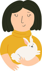 Portrait of a young girl with a funny rabbit. Vector illustration of cute characters