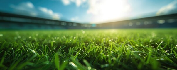 Low angle view on a green grass stadium field