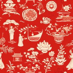 Red Background With White Images of People and Flowers