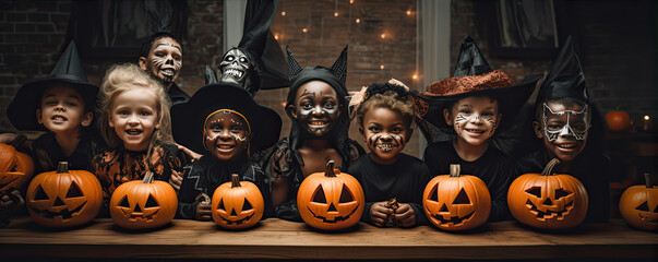 Children in witch suits and magic hats celebrate halloween evening.