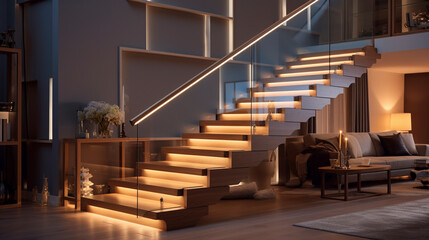 A stylish wooden staircase with glass sides, LED strip lighting under the handrails enhancing the modern aesthetic of a spacious home.