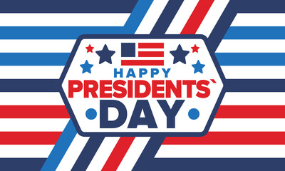 Happy Presidents day in United States. Washington's Birthday. Federal holiday in America. Celebrated in February. Patriotic american elements. Poster, banner and background. Vector illustration