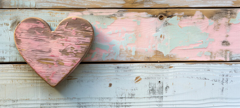 Pink and golden wooden heart on weathered wood background for eternal symbol of love, concept of time not fading romance, passion. Copy space, card, banner