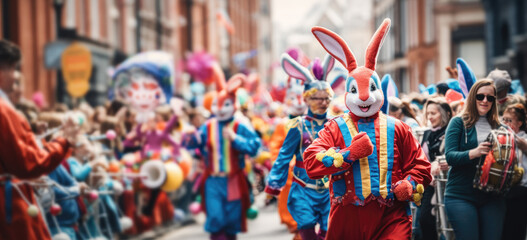 Easter parade with people in colorful costumes and person dressed as bunny. Holiday celebration. Banner.