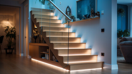A trendy light maple wood staircase with transparent glass sides, subtly lit by LED strip lighting under the handrails, in a modern, well-lit house.