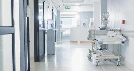 Hospital, healthcare and medical with an empty corridor for wellness, care or treatment and disease...