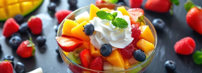 Fototapeta na wymiar Whipped Cream Fruit Salad With Fresh Fruits