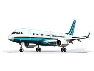 Cartoon illustration of a commercial jet airliner on white background. Stylized passenger airplane illustration in colors.