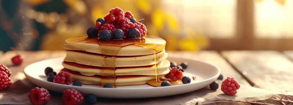 Delicious Pancakes With Raspberries and Syrup