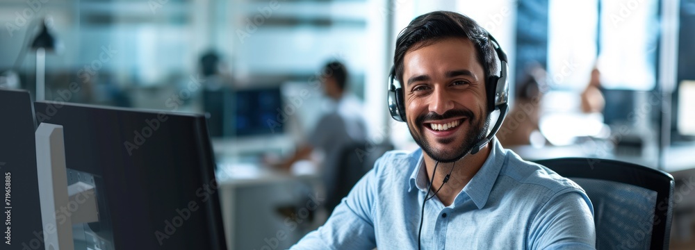 Poster man wearing headset working at computer call center manager