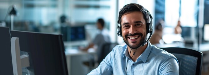 Man Wearing Headset Working at Computer call center manager - obrazy, fototapety, plakaty