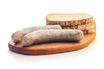 White pudding sausage. Pork product and bread on cutting board isolated on white background.
