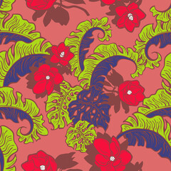 Tropical plant leaves pattern for textile design, fabric print, wallpaper, digital paper. Palm tree leaf background, jungle vintage style, hand drawn illustration for cafe, spa hotel decoration.