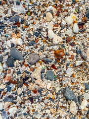 sea glass on rocky beach with corals