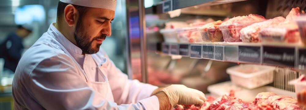 Chef Examining Meat With Hat and Gloves