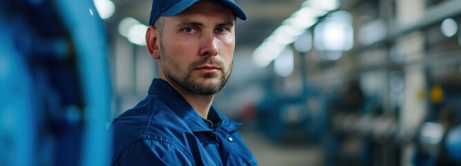 Man in Blue Shirt and Cap Standing in Factory