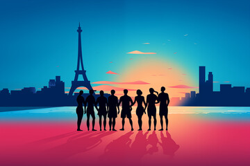 Volleyball Team Silhouette with Paris 2024 Summer Olympics Theme