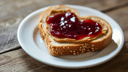 Heart Shape Peanut Butter and Jelly Sandwitch on a wooden table. United States popular sandwitch celebrated on April 2nd during National Peanut Butter and Jelly Day.