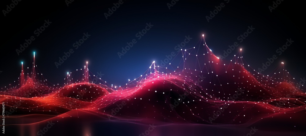 Fototapete abstract red cyberspace background with wave of dots and weave lines for data design