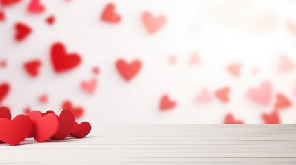 red hearts on wooden table with bokeh background, copy space