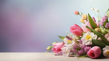 spring flowers bouquet on wooden table with color bokeh background copy space