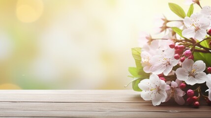 spring flowers on old white wooden table with bokeh, copy space