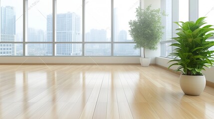 Blurred backdrop of modern office with floor to ceiling windows, creating light and airy atmosphere