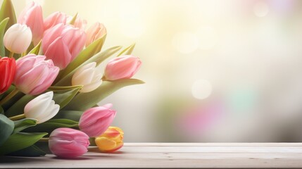 spring flowers bunch bouquet of tulips on wooden table with bokeh background copy space