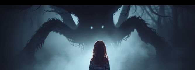 girl standing in front of a huge spider monster concept of fear or courage