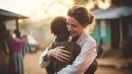 Hug between nurse and child in South Africa, health volunteers in Africa. - obrazy, fototapety, plakaty