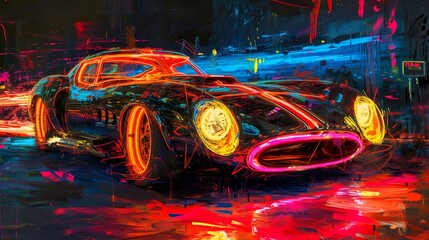 Old painting of a sports car with neon lights made with Ai generative technology