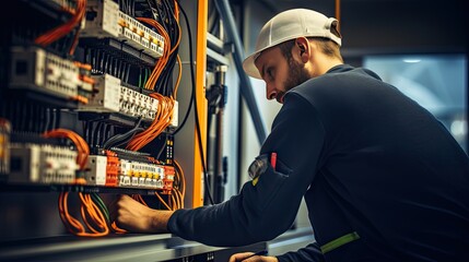 Professional Electrician: A skilled male electrician working in a switchboard with precision and focus - obrazy, fototapety, plakaty