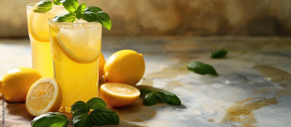 Poster refreshment organic non alcohol cocktail honey ginger lemonade with a touch of basil flavor. copy sp