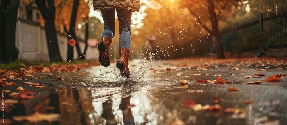 Poster woman wearing rain rubber boots walking running and jumping into puddle with water splash and drops 