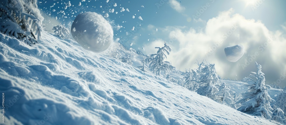 Aufkleber snowball fight in winter a snowball flies through the air. copy space image. place for adding text
