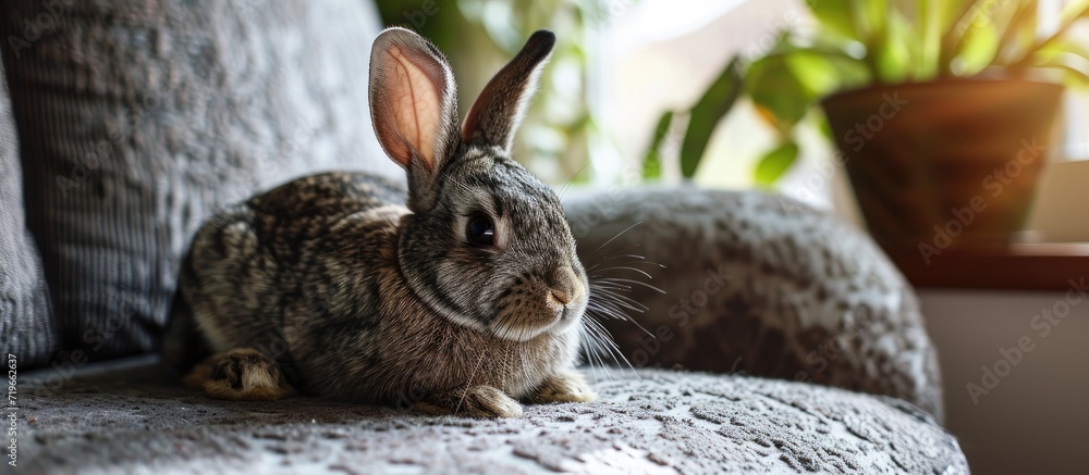 Aufkleber russet spotted banny rabbit sitting on a couch. copy space image. place for adding text